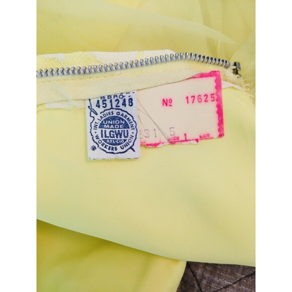 VTG 60s Yellow Floral Lace Chiffon Organza Cape Train Shoulder Bows Maxi Dress - Picture 11 of 12